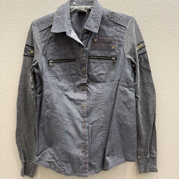 Harley Davidson Womens Shirt Size Smal Gray Linen Military Style Biker - Picture 2 of 10